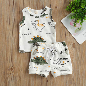 Newborn Baby Boys Summer Outfit Set Cartoon Dinosaur Print Sleeveless Tank Tops And Ribbed Shorts 2Pcs Clothes (White, 0-3 Month