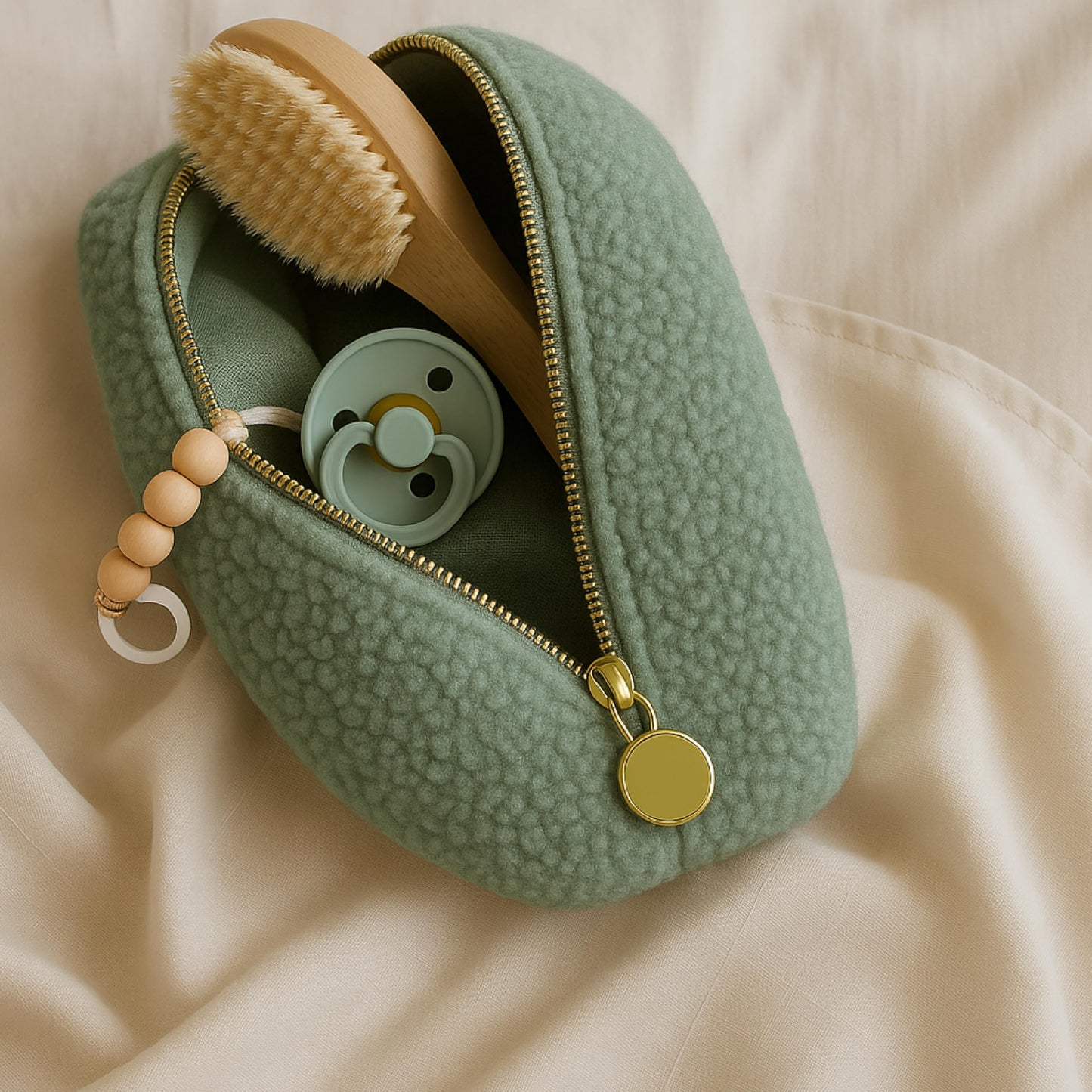 Orelle Boucl   Diaper Caddy Organizer with Matching Pouch & Moon Pendant | Teddy Portable Changing Table Organizer | Sage Green