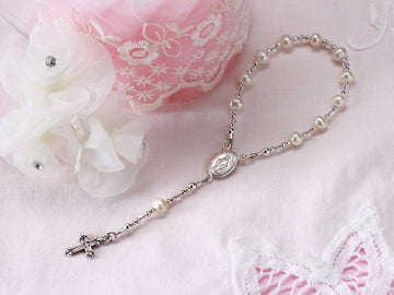 Precious Pieces Sterling Silver Baptism Baby Rosary In White