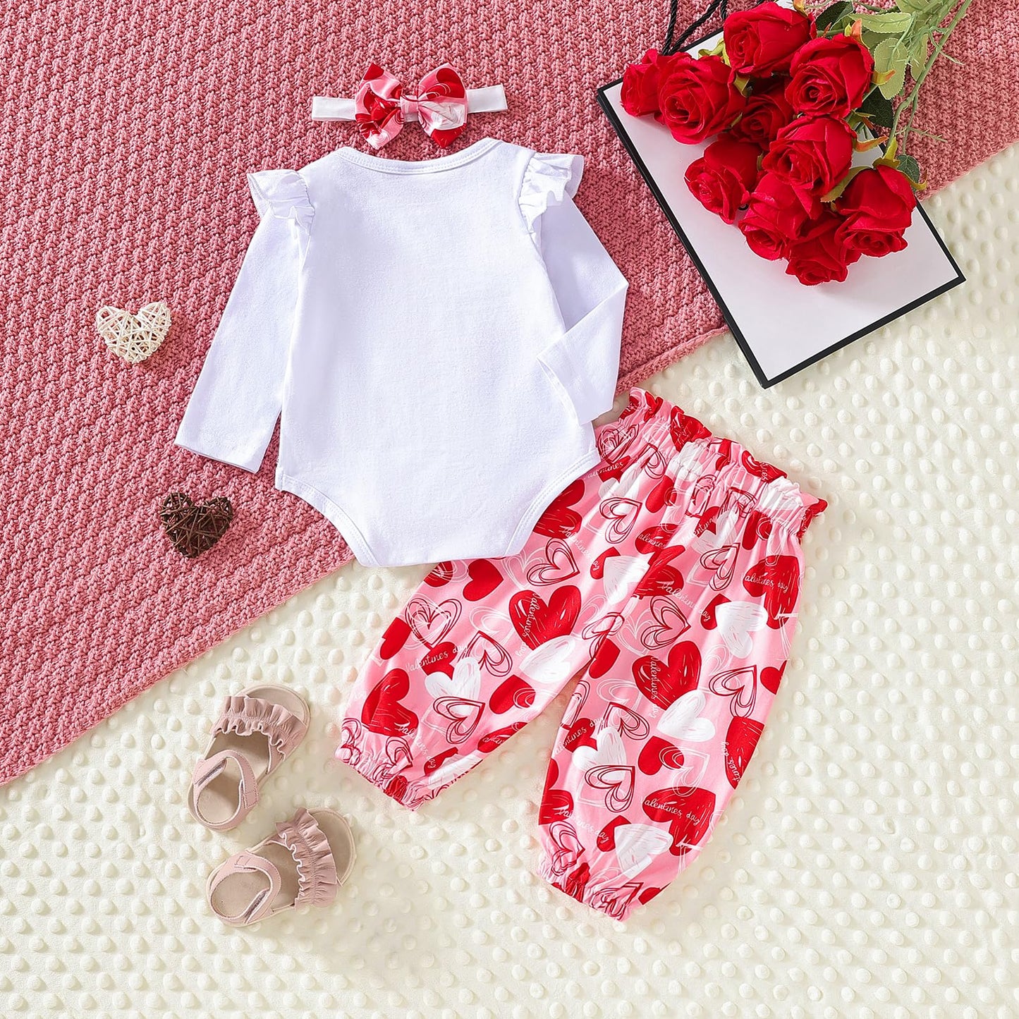 Wynato Newborn Infant Baby Girl My First Valentines Day Outfit Long Sleeve Onesie Romper Love Heart Print Pants And Headband (Pi