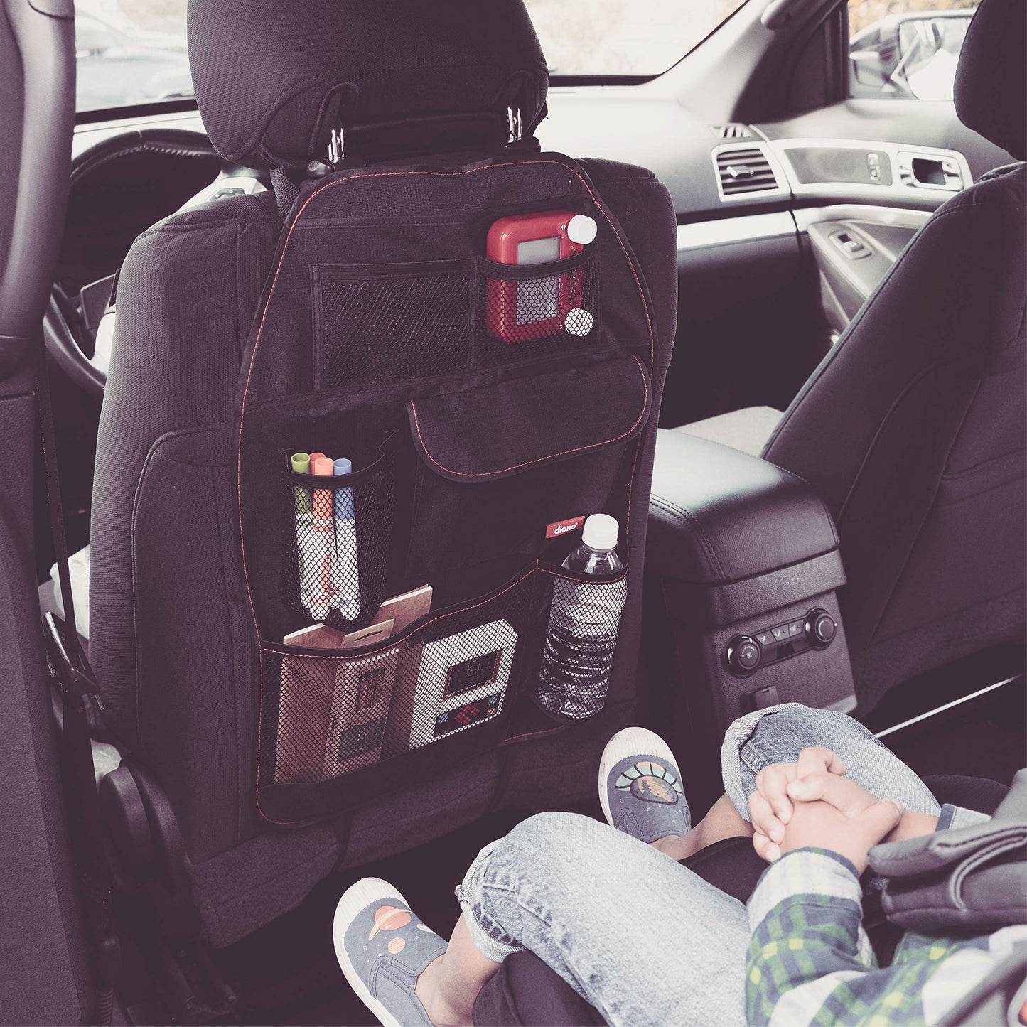 Diono Stow 'N Go Car Back Seat Organizer For Kids, Kick Mat Back Seat Protector, With 7 Storage Pockets, 2 Drinks Holders, Water