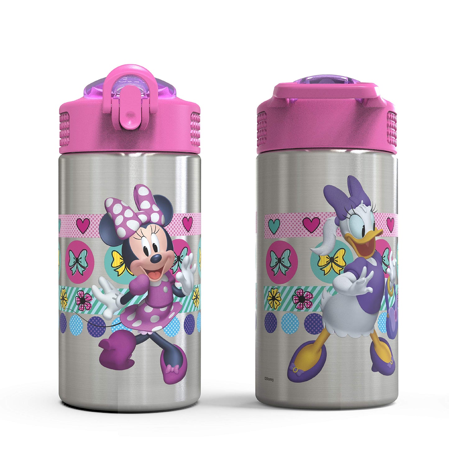 Zak Designs Disney Minnies Happy Helpers - Stainless Steel Water Bottle With One Hand Operation Action Lid And Built-In Carrying