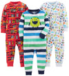 Simple Joys By Carter'S Baby Boys' 3-Pack Snug Fit Footless Cotton Pajamas, Red Firetruck/White Monster/Sharks, 12 Months