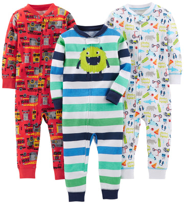 Simple Joys By Carter'S Baby Boys' 3-Pack Snug Fit Footless Cotton Pajamas, Red Firetruck/White Monster/Sharks, 12 Months