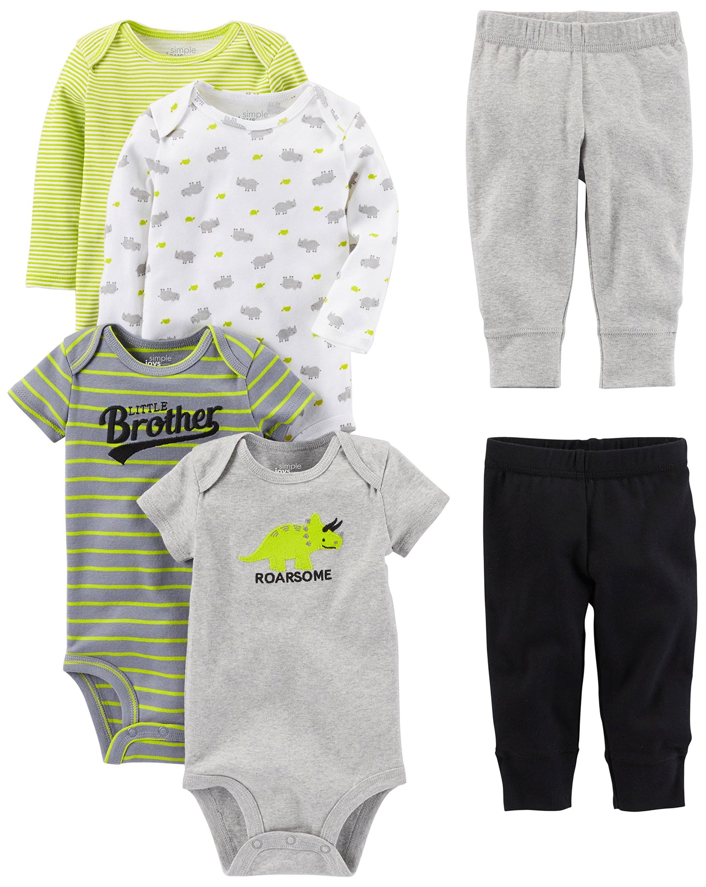 Simple Joys Baby Boys 6 piece Little Character sets Sleepwear, Green/Grey Rhino, Newborn