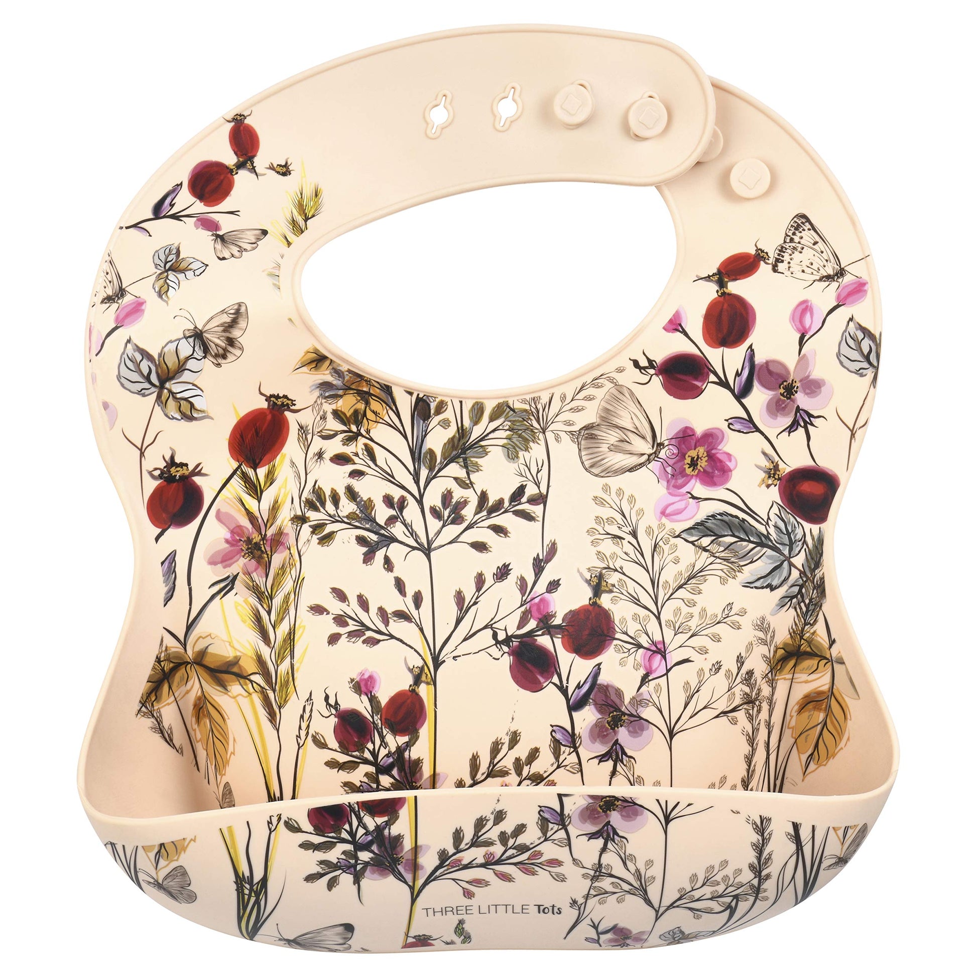 Three Little Tots Modern Silicone Baby Bib - Adjustable Fit Waterproof Catch Bibs ((Flower Print)