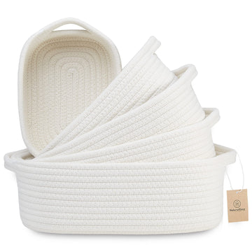 Naturalcozy 5-Piece Rectangle Storage Basket Set- Natural Cotton Rope Woven For Organizing! Small Basket For Montessori, Baby Nu