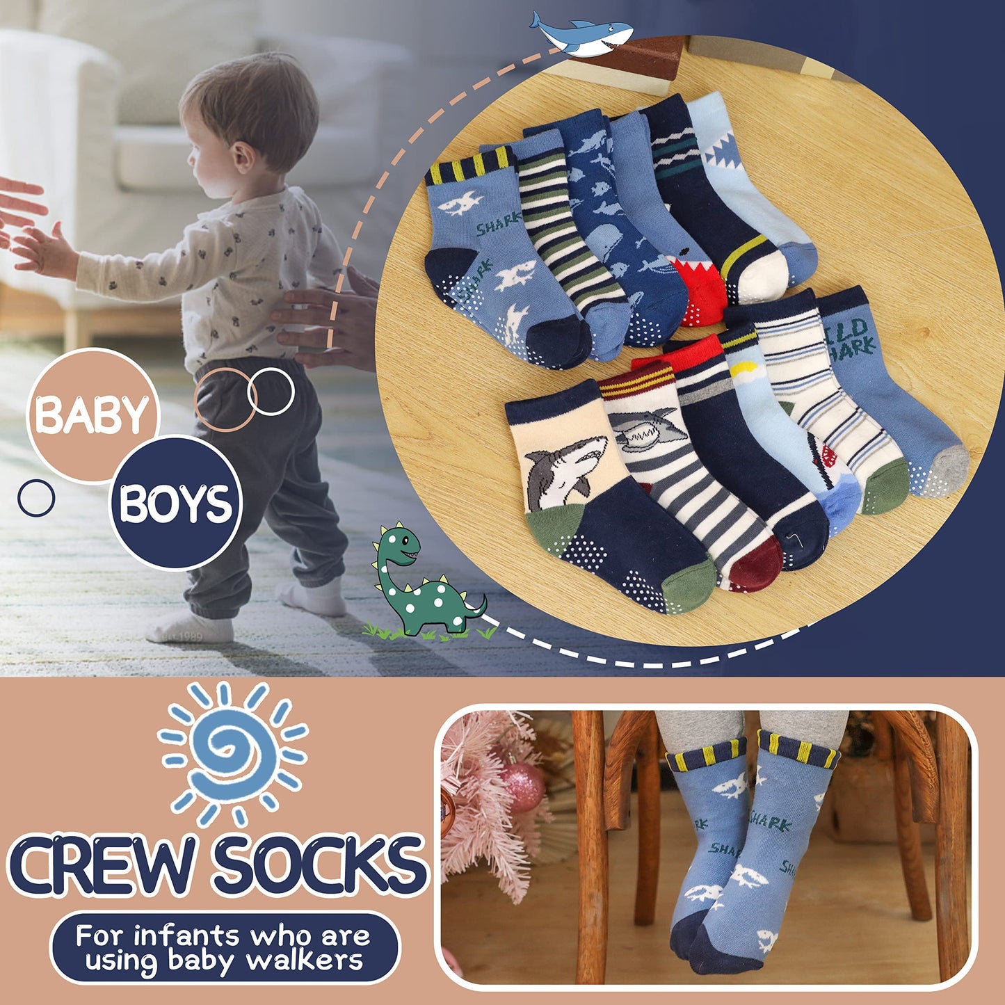 Antsang Baby Boys Grips Socks Kids Toddlers Infants Non Slip/Anti Skid Crew Cotton Socks 12 Pairs (Boy'S-Shark(12 Pairs),5-8 Y)