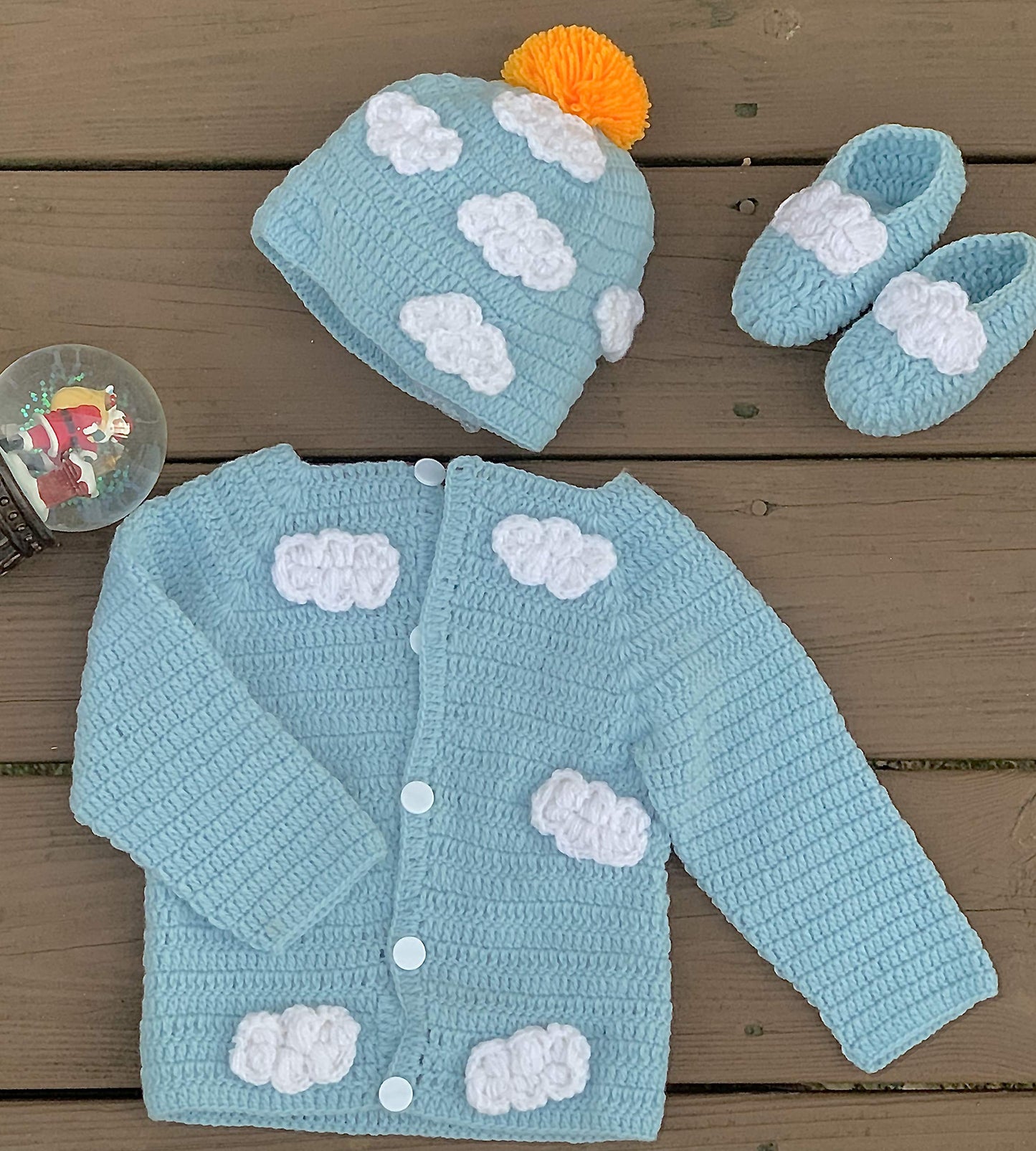 Blue Baby Sweater Set -Hand Made Baby Crochet Outfit Set -/Blue Knit Cardigan With Booties & Hat Gift Set (0-6 Month, Blue White