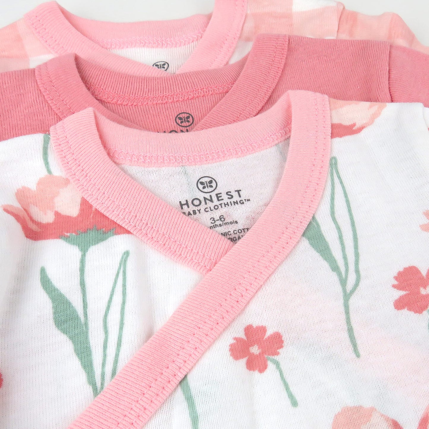 Honestbaby 3-Pack Organic Cotton Long Sleeve Side-Snap Kimono Onesies Bodysuits, Strawberry Pink Floral, 6-9 Months