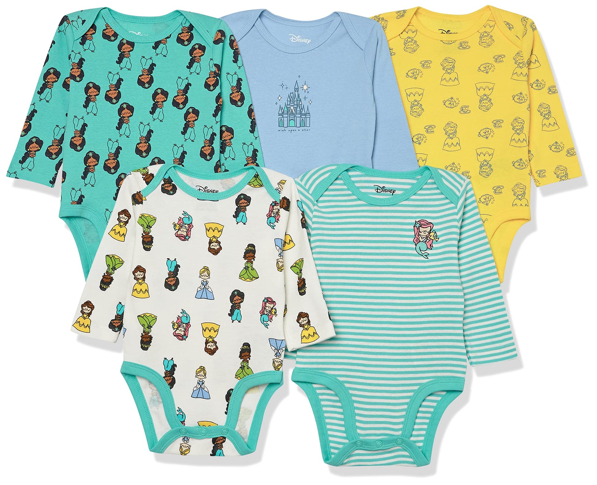 Amazon Essentials Baby Girls Disney  Marvel  Star Wars Long-Sleeve Bodysuits, Pack Of 5, Princess Wish, 24 Months