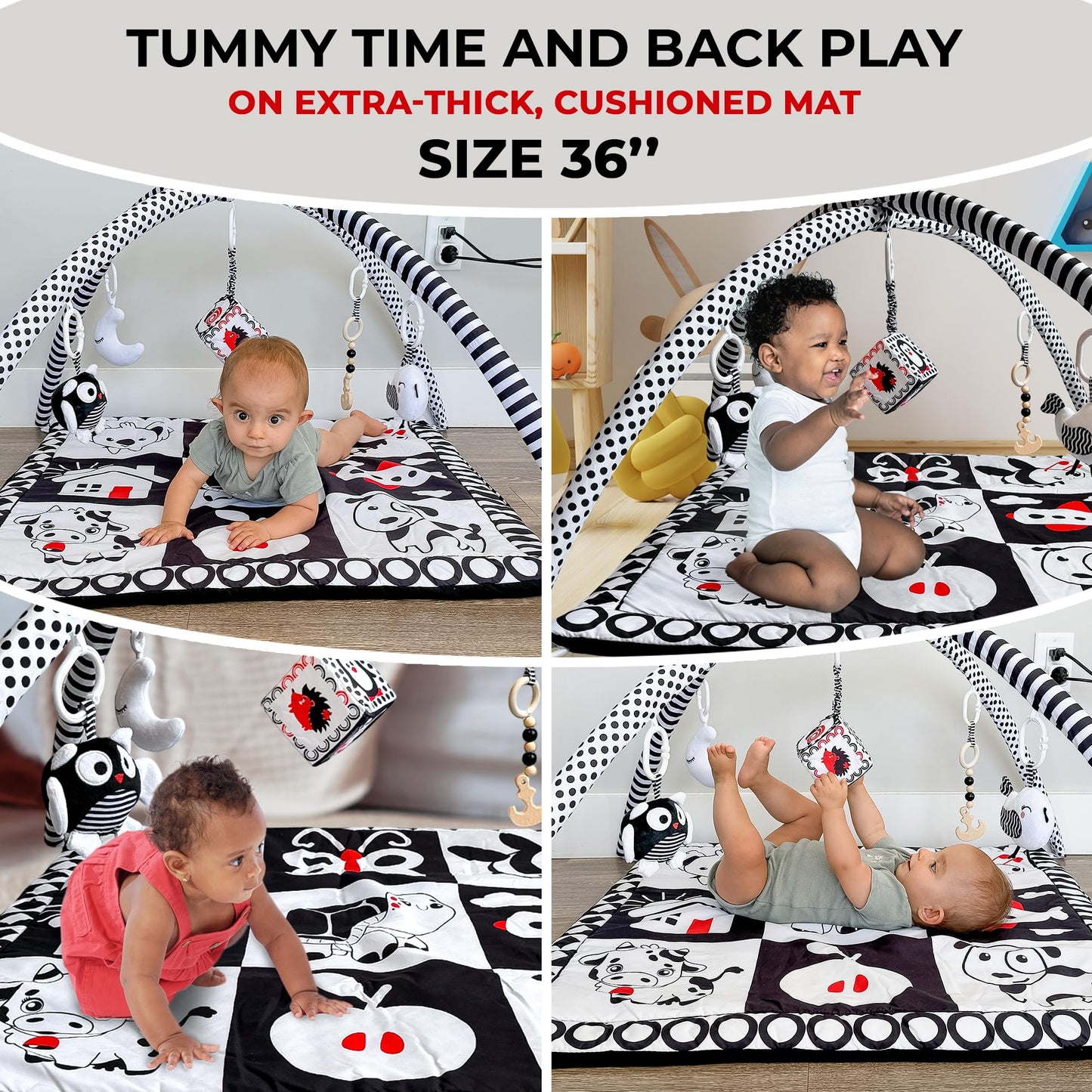 Quokka Padded Baby Mat For Floor Tummy Time - Super Soft Black&White Play Mat For Kids Toddlers & Infants - 6 Toys | Thick Pad |