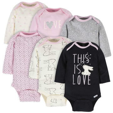 Gerber Baby Girls' 6-Pack Long-Sleeve Onesies Bodysuits, Bunny, 6-9 Months
