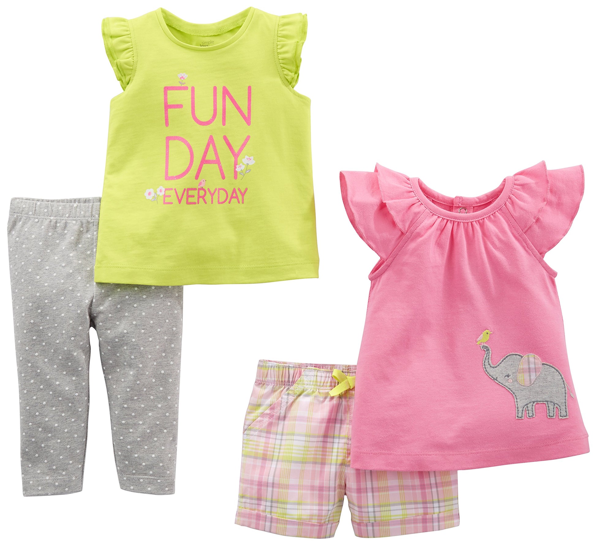 Simple Joys By Carter'S Baby Girls' 4-Piece Playwear Set, Pink/Lime Green, Elephant/Plaid, 3-6 Months