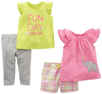 Simple Joys By Carter'S Baby Girls' 4-Piece Playwear Set, Pink/Lime Green, Elephant/Plaid, 3-6 Months