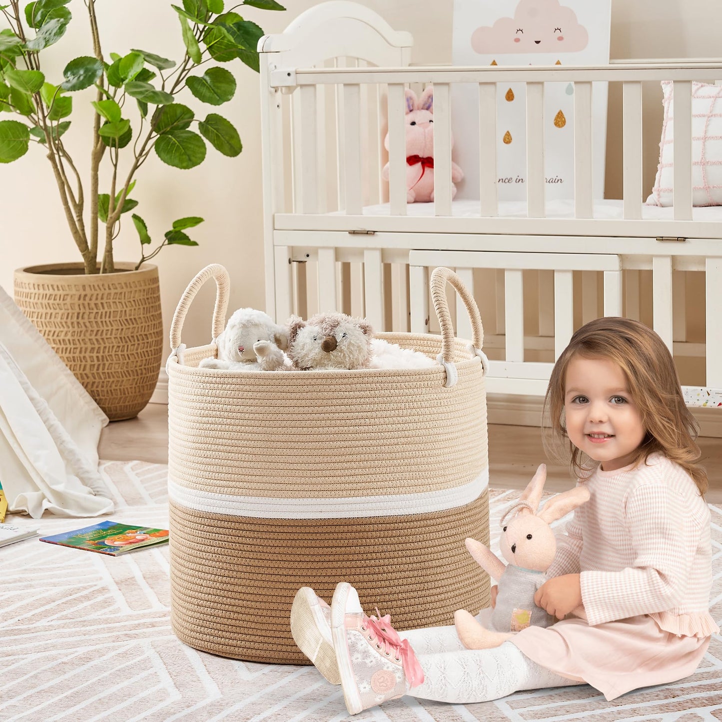 Kakamay Large Blanket Basket (18 'X18 'X16 '),Woven Baby Laundry Hamper For Storage, Cotton Rope Blankets Baskets For Nursery