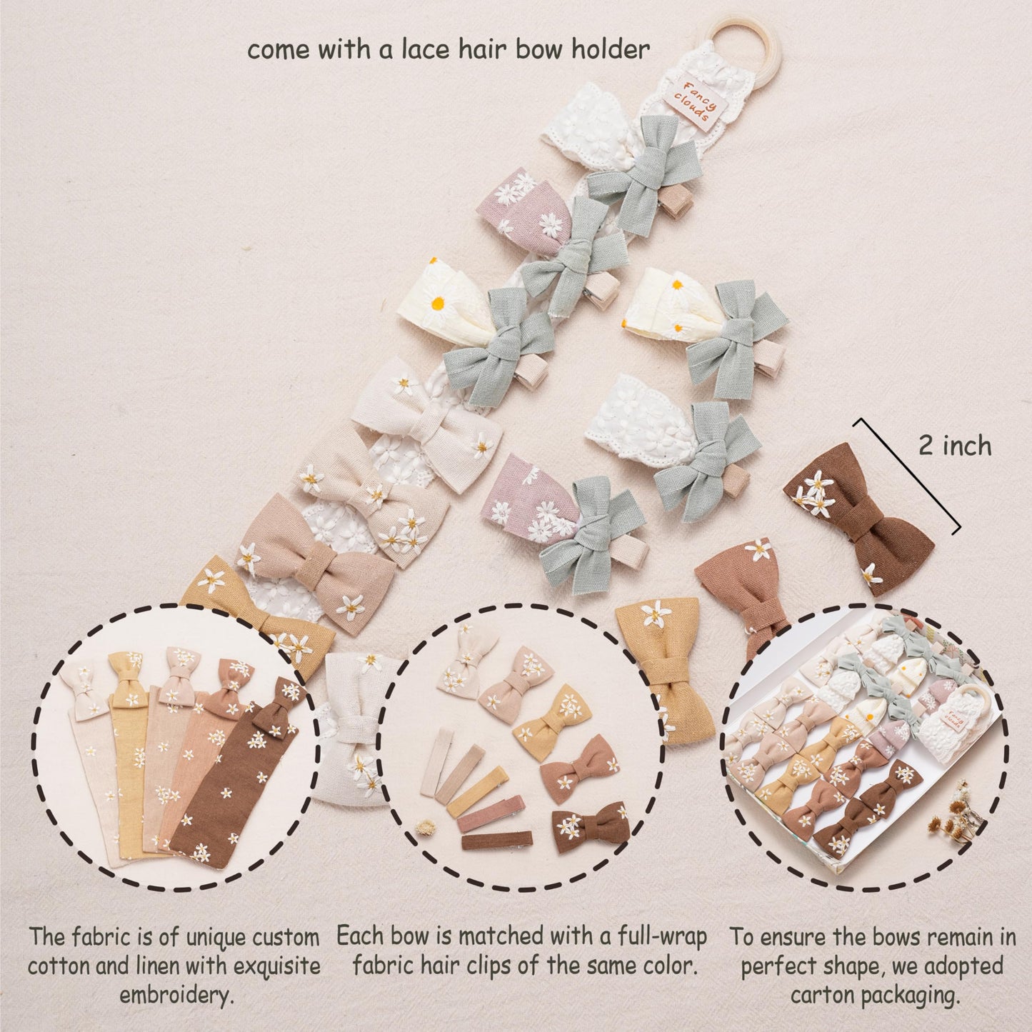 Baby Girl Hair Clips With Bow Holder 18 Pcs Daisy Embroidered Hair Bow Handmdade Flower Bouquet,Fully Lined Alligator Clips,Hair