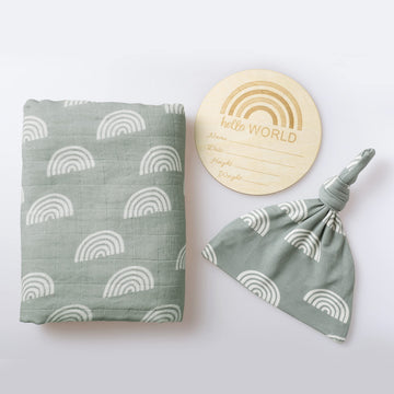 Miaoberry 100% Organic Cotton Muslin Blanket| Sage Green Rainbow Baby Swaddle Set| Newborn Boy Girl Unisex Neutral| Boho Vintage