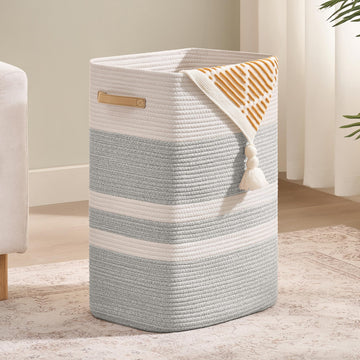Nunsino Laundry Hamper,Laundry Basket With Leather Handles,Woven Storage Basket For Toys,Pillows,Blankets,Clothes,Brown&White