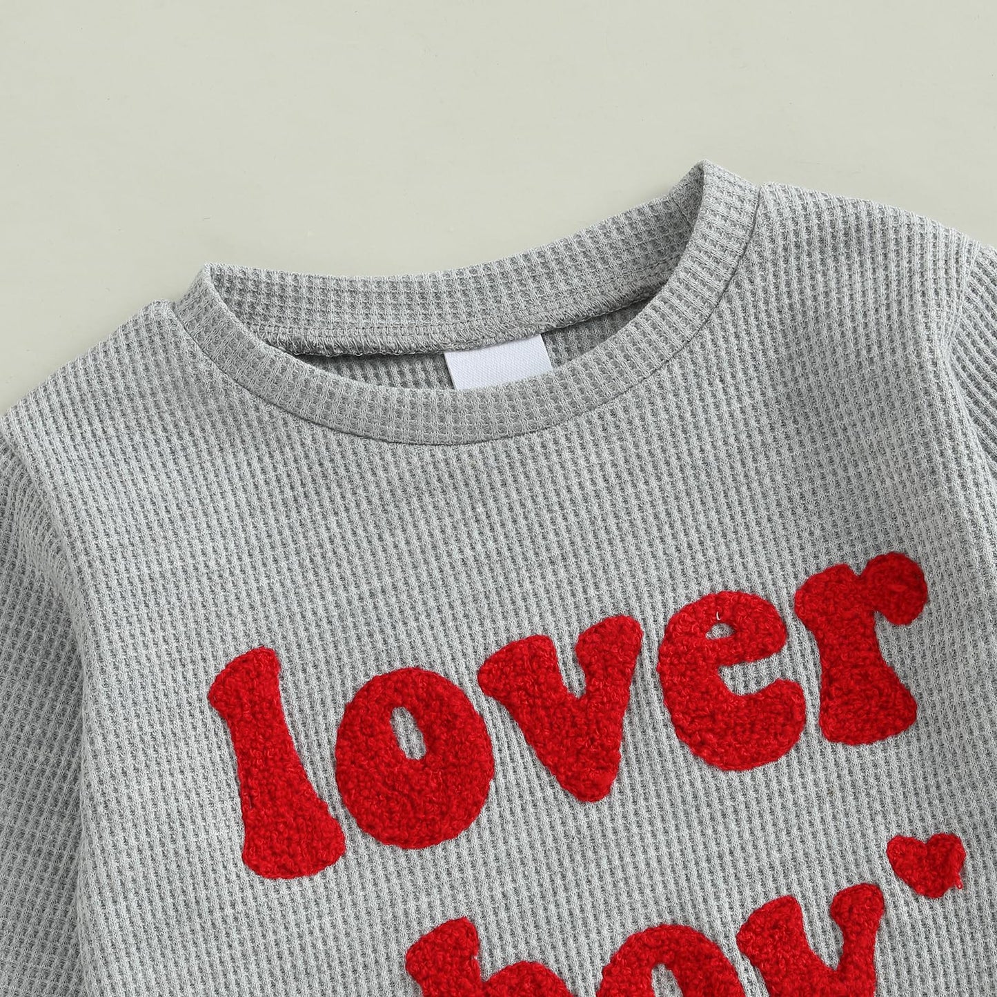 Lesimsam Toddler Baby Boy Valentine'S Day Outfit Letter Embroidery Long Sleeve Waffle Knit Sweatshirt And Pants Set(Gray, 0-6 Mo
