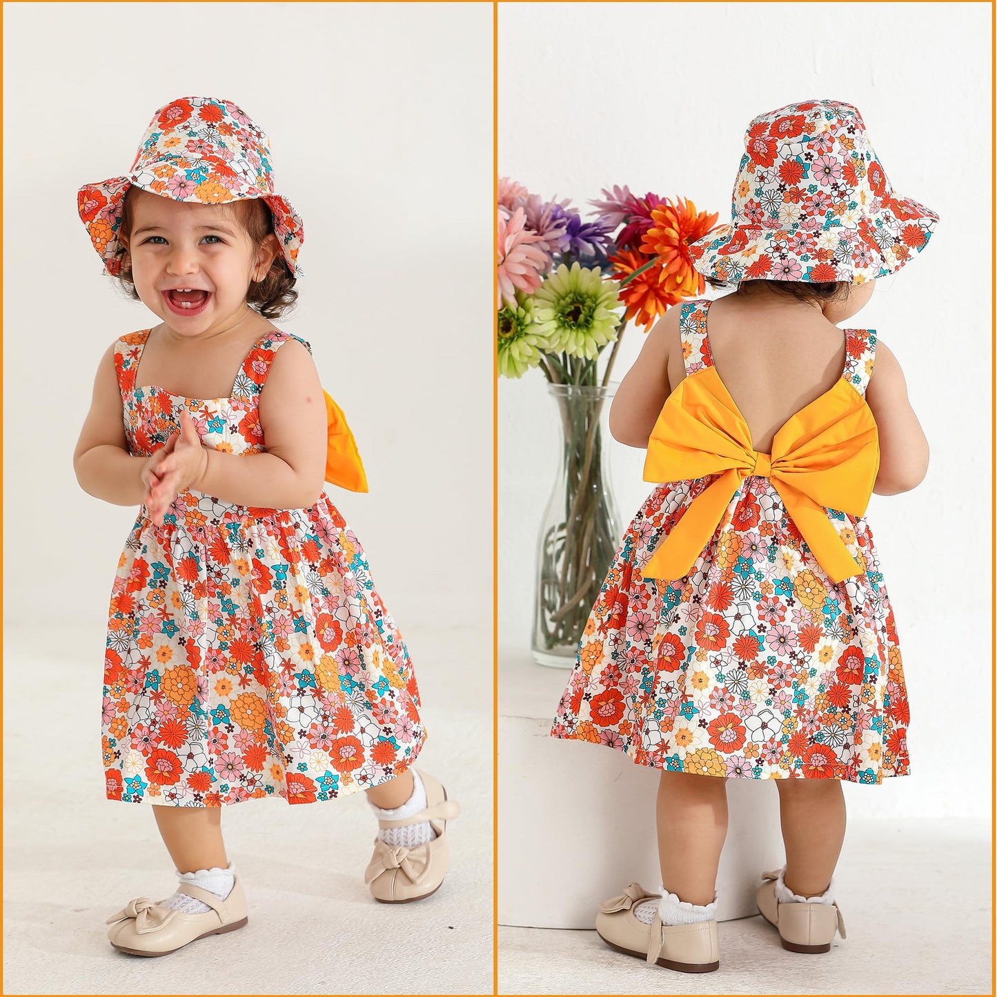Baby Girl Dress Summer Outfits Baby Clothes For Girls 1 Year Old Boho Halter Sleeveless Dresses Orange Floral Sundress 12-18 Mon