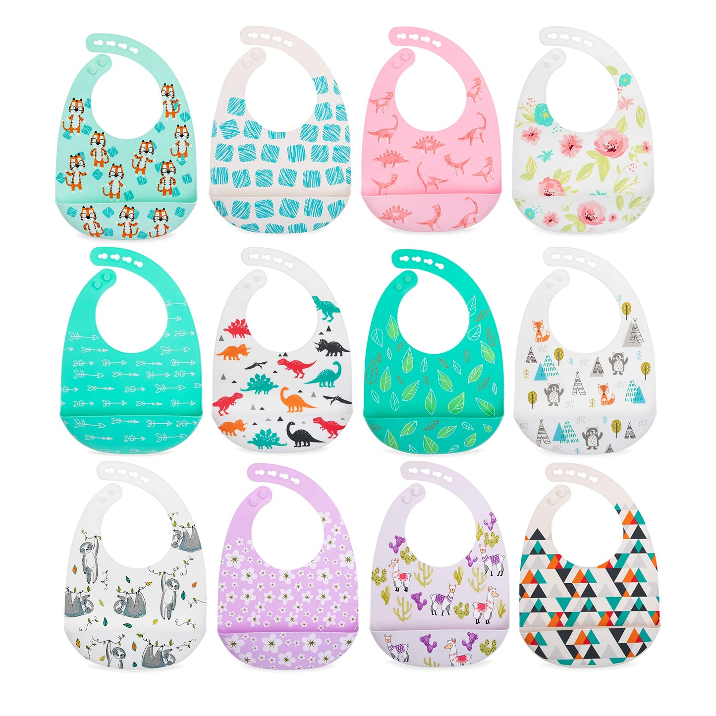 Nuby 2 Pack Adjustable Easy Clean Soft Silicone Bibs With Scoop, Flowers & Llama
