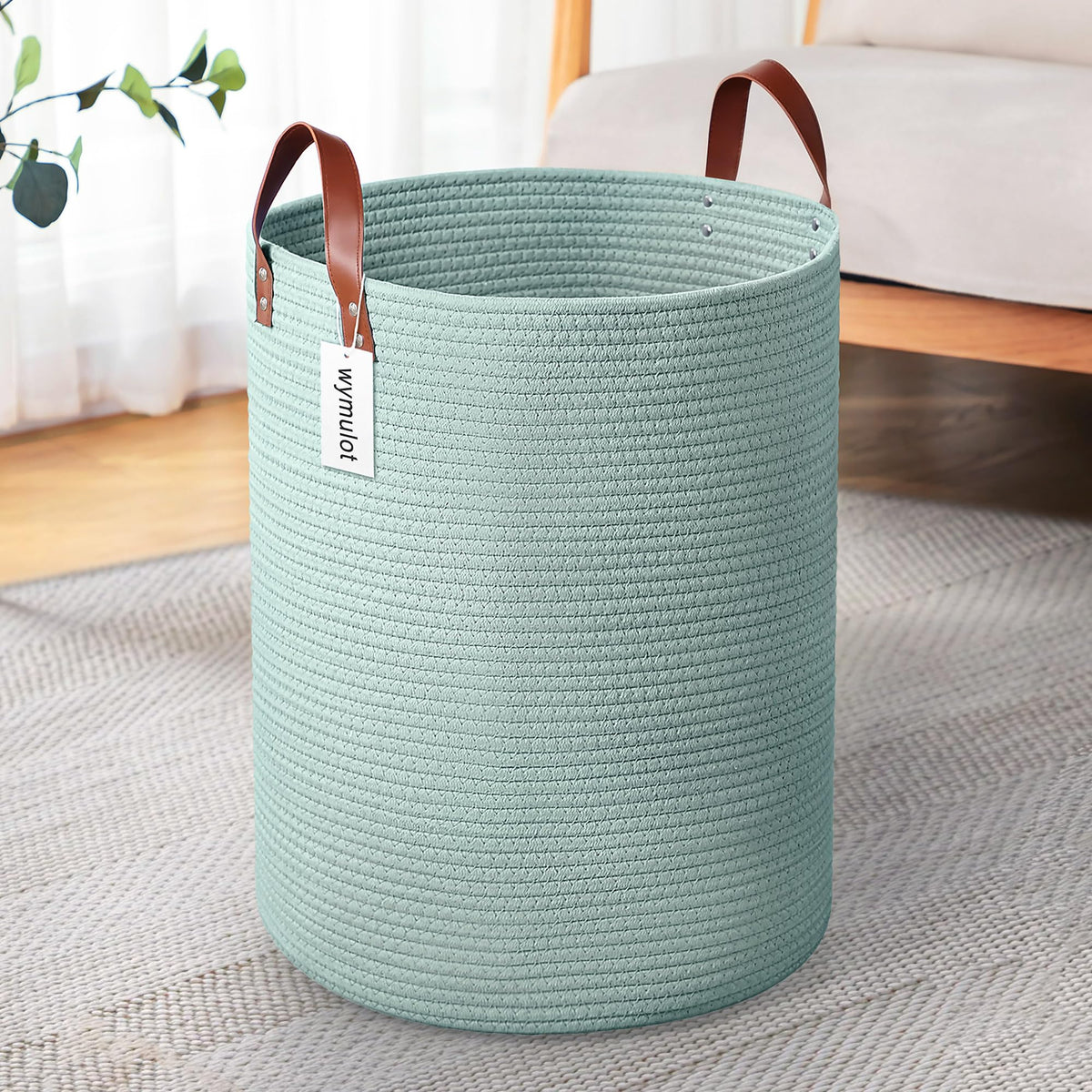 Wymulot 80L Large Rope Basket, Woven Rope Storage Hamper with Leather Handles, Dog Toy Storage Baskets, Bedroom, Nursery Blanket