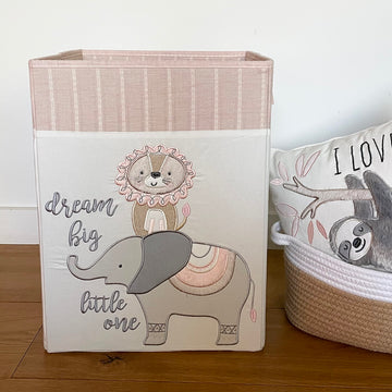 Levtex Baby - Imani Nursery Hamper - Rectangle Fabric Hamper - Elepahnt And Lion - Grey, Cream, Taupe, Pink - Nursery Accessorie