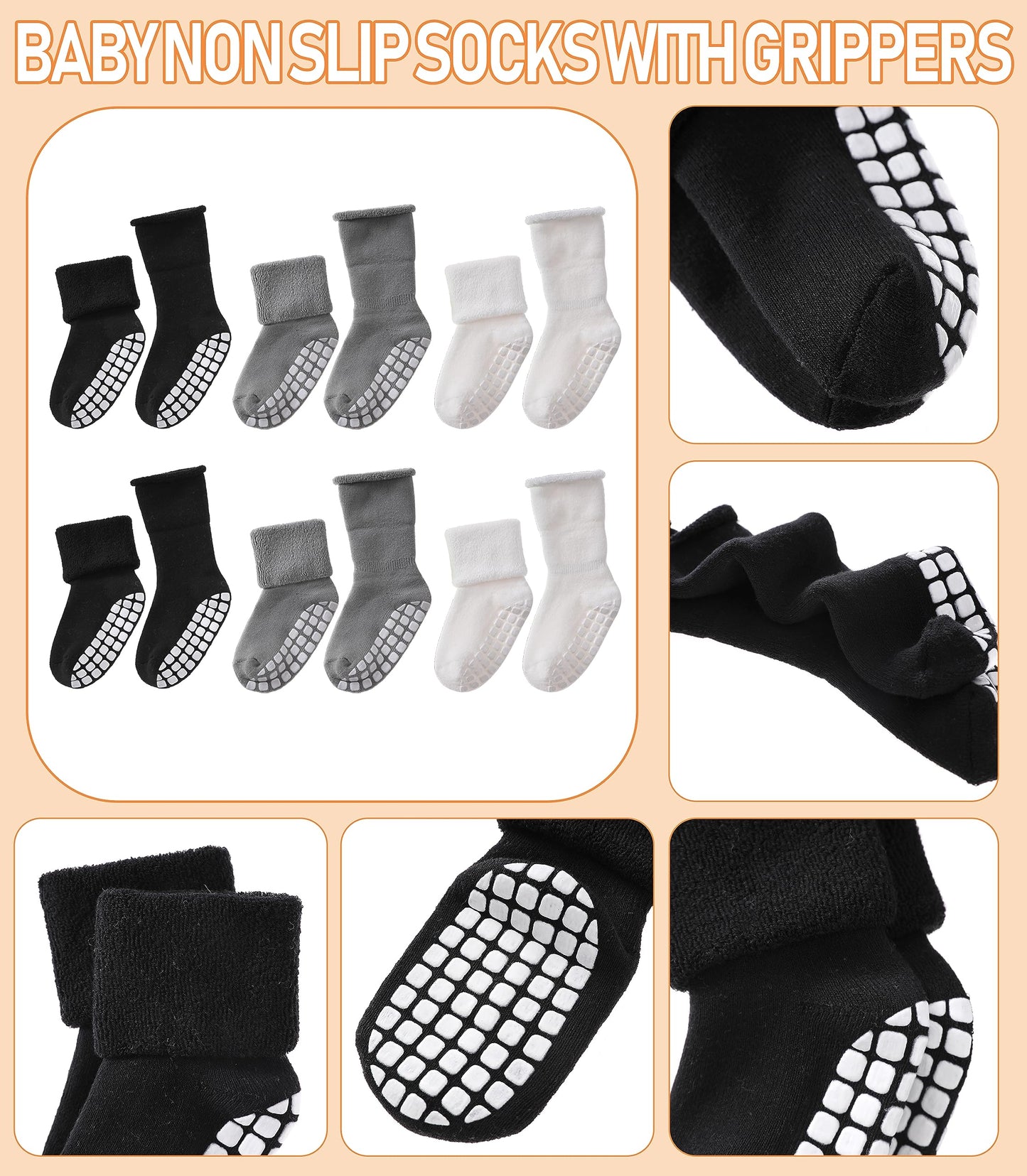 Lanleo Baby Girls Boys Non Slip Socks With Grips Toddler Kids Unisex Warm Thick Cotton Ankle Crew Socks With Grippers 2 Black 2