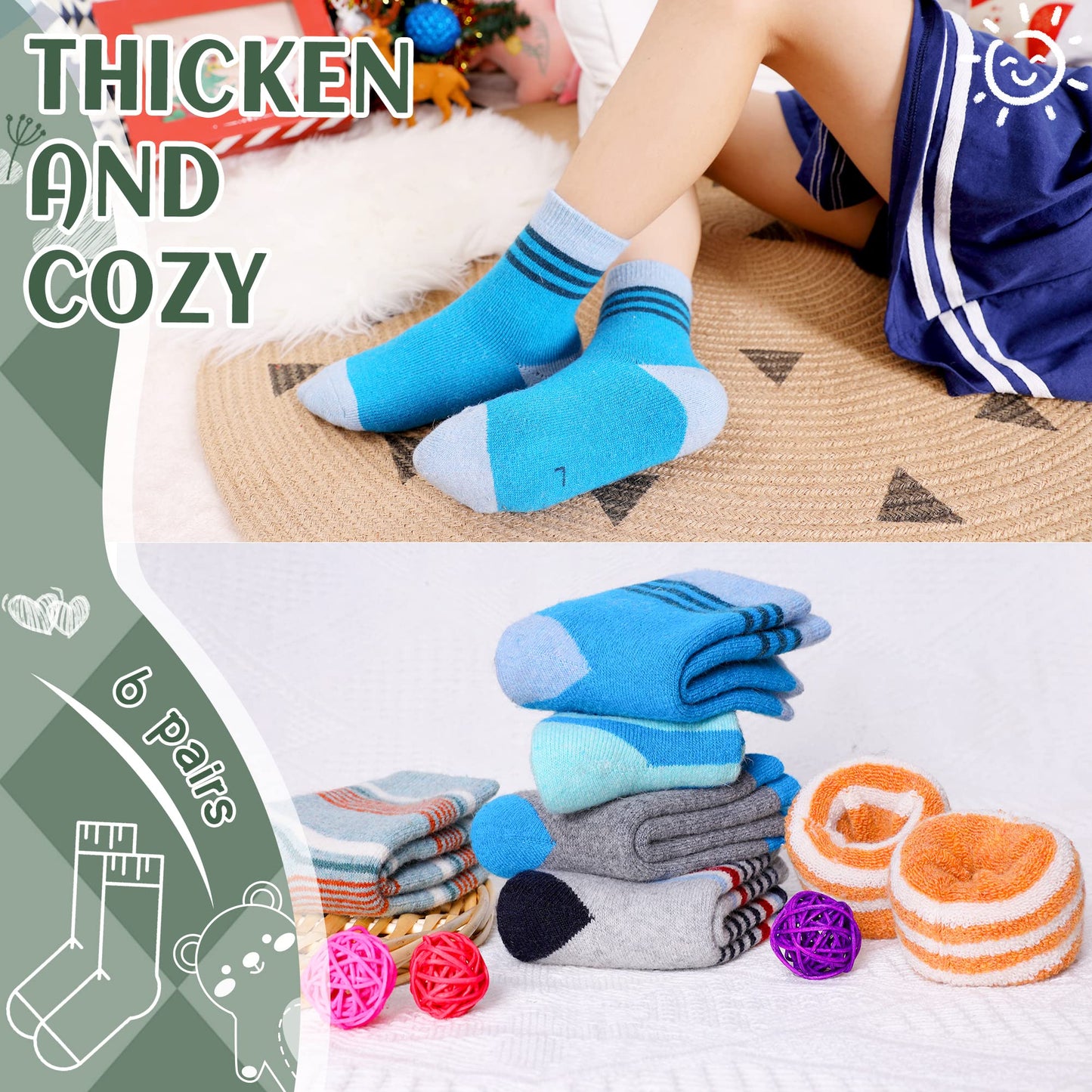 Children'S Winter Warm Wool Solid Color Socks Kids Boy Girls Thermal Crew Socks 6 Pairs (6 Pairs Stripe, 4-7 Years)