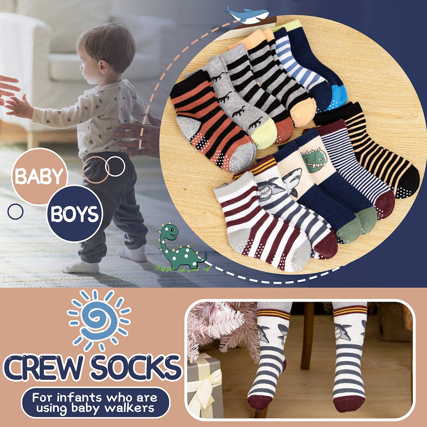 Antsang Baby Boys Grips Socks Kids Toddlers Infants Non Slip/Anti Skid Crew Cotton Socks 12 Pairs (Brown Striped(12 Pairs),6-12
