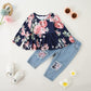 Caretoo Girls Clothes Outfits, Cute Baby Girl Floral Long Sleeve Pant Set Flower Ruffle Top Dark Blue