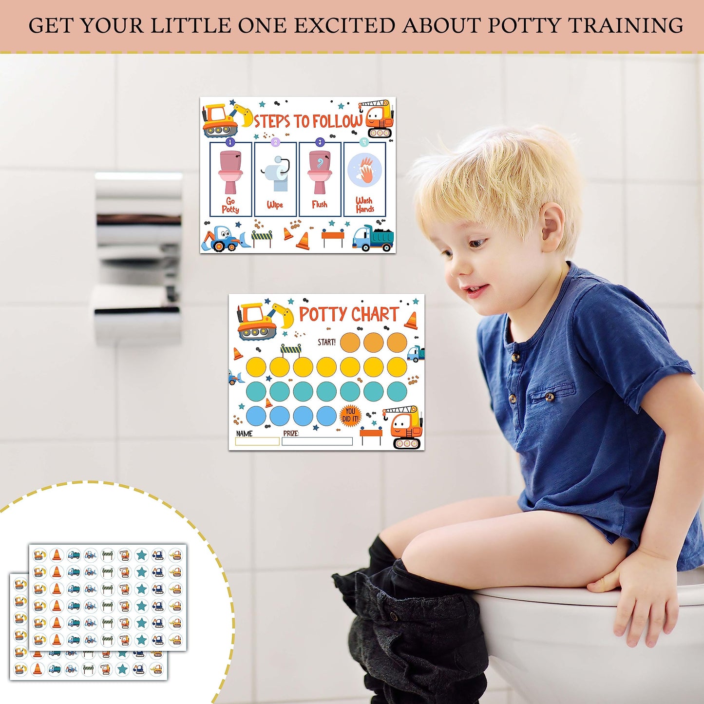 Construction Potty Training Sticker Chart, 20 Potty Charts With 432 Round Stickers & 1 Instruction Sheet, Potty Reward Sticker C