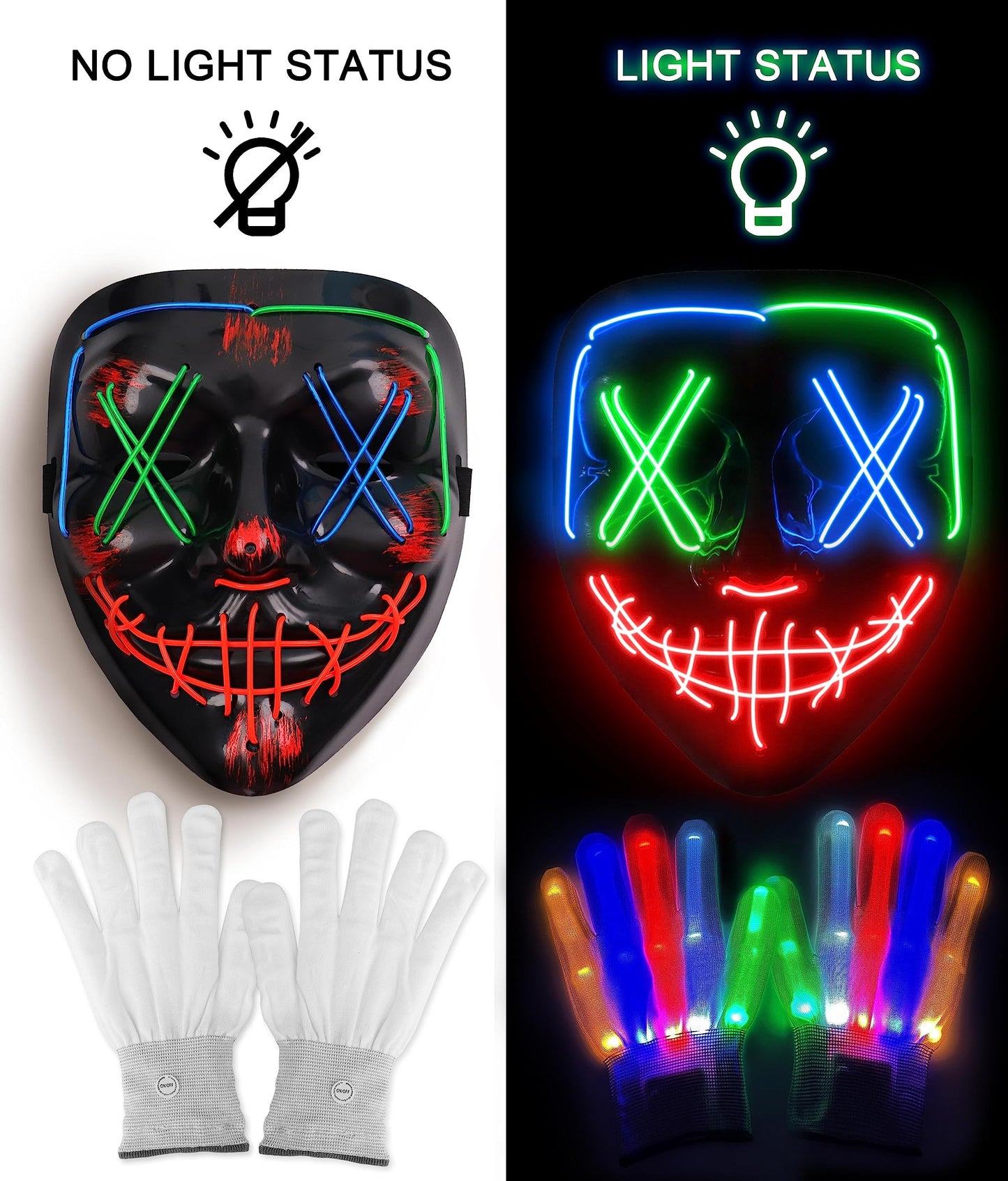 Halloween Mask Skeleton Gloves Set, Halloween Costumes Gifts For Men Women Boys Girls, 3 Modes Light Up Scary Led Mask With Led