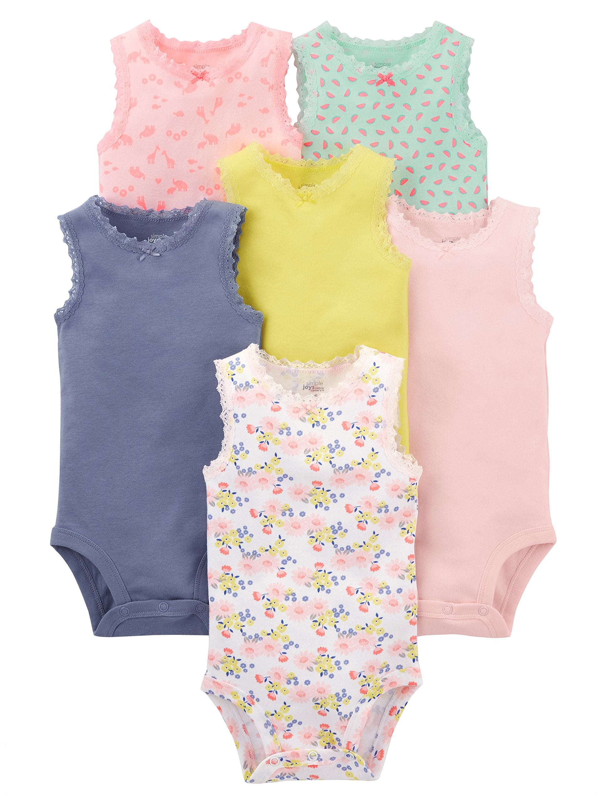 Simple Joys By Carter'S Baby Girls' Sleeveless Bodysuit, Pack Of 6, Multicolor/Floral/Forest Animals/Fruit, 3-6 Months