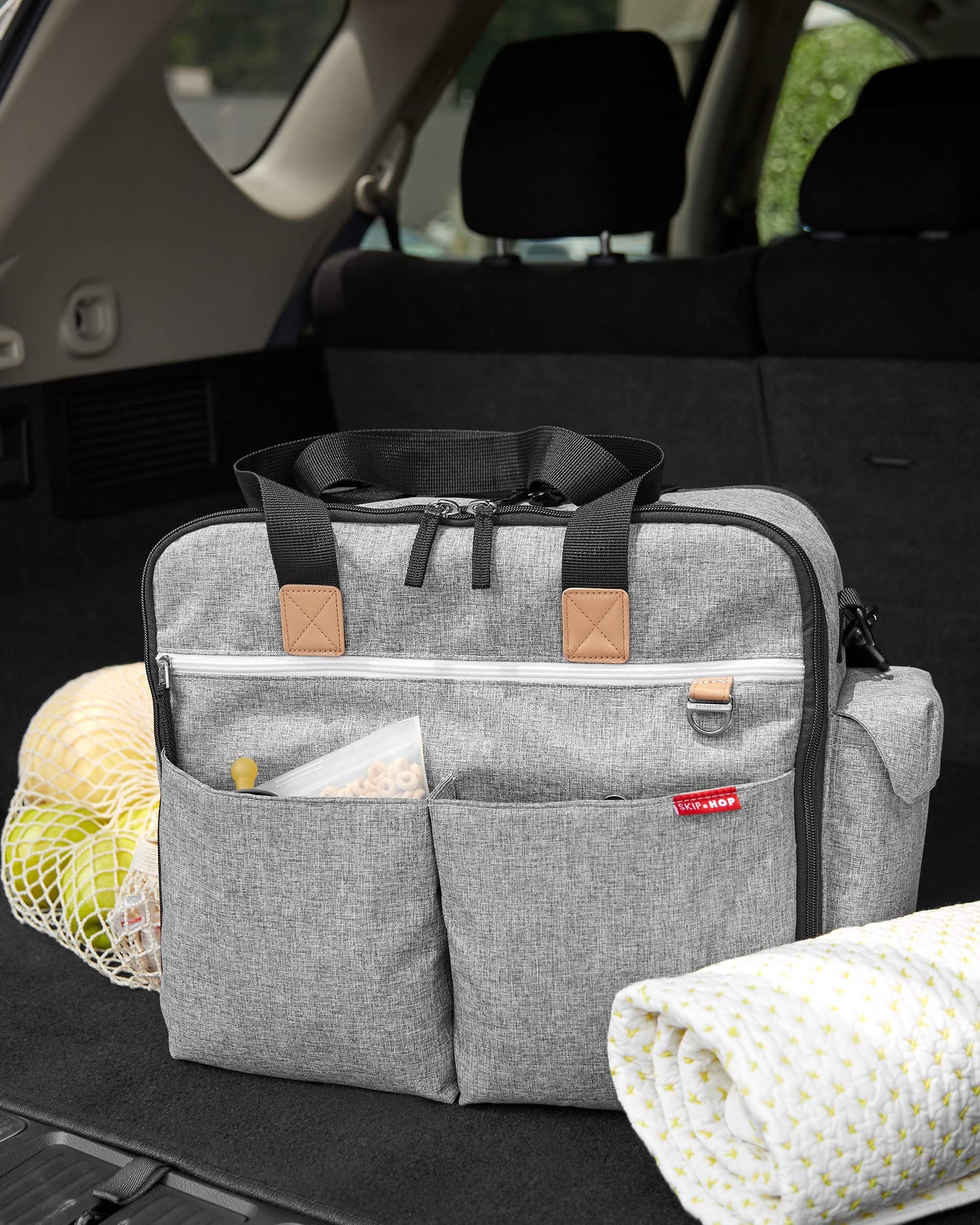 Skip Hop Diaper Bag: Iconic Duo Weekender, Extra Large Capacity With Changing Pad & Stroller Attachment, Grey Melange