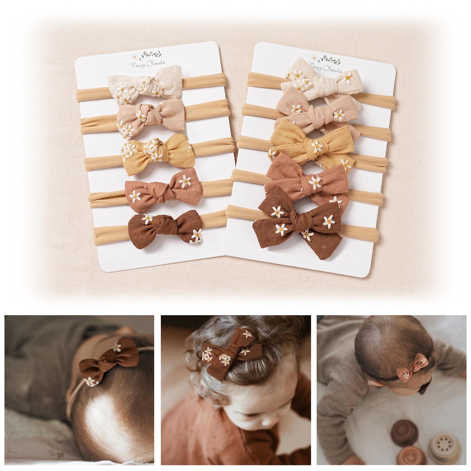 Fancy Clouds Baby Girl Bows Headbands,10 Pcs Stretchy Soft Nylon Hairbands Hair Bows For Newborns, Infants, Toddlers - Handmade