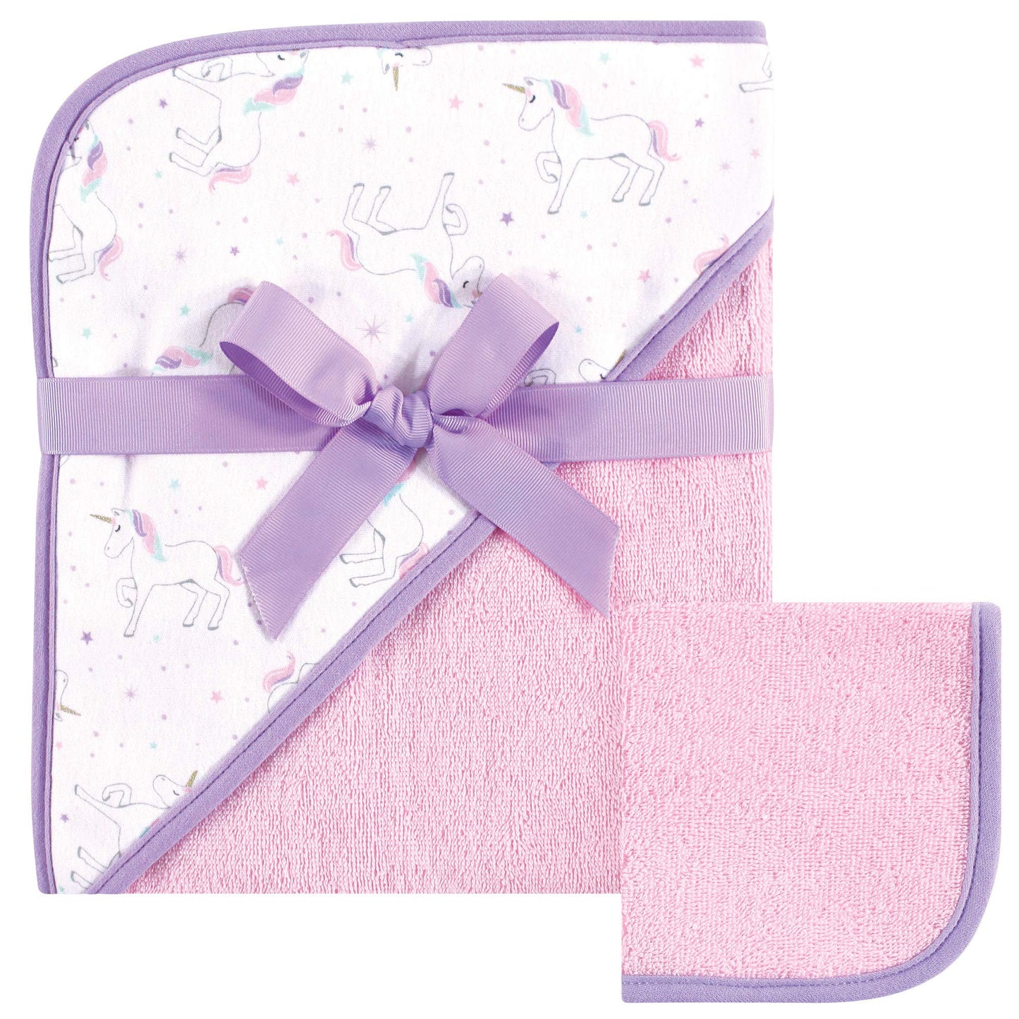 Hudson Baby Unisex Baby Cotton Hooded Towel And Washcloth, Magical Unicorn, One Size
