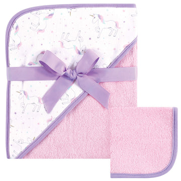 Hudson Baby Unisex Baby Cotton Hooded Towel And Washcloth, Magical Unicorn, One Size