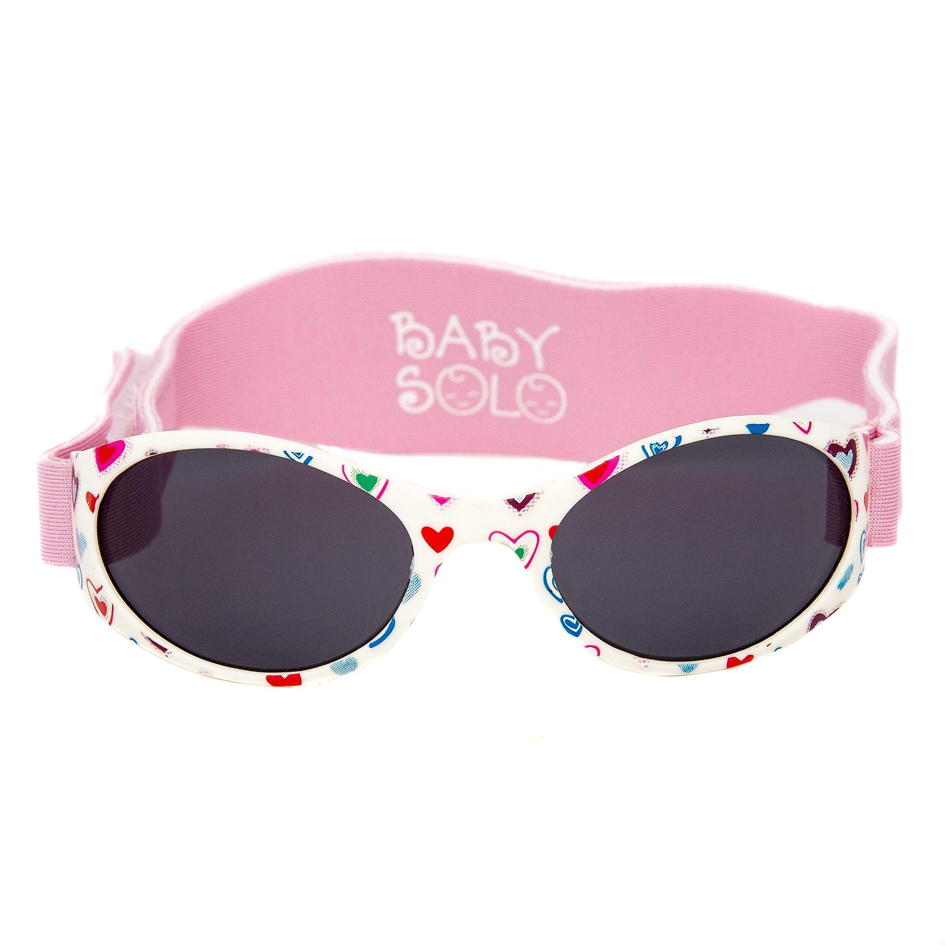 Baby Solo Original Baby Sunglasses Safe, Soft, & Adorable Durable Case Included (0-36 Months, Cutie Pink Heart Frame w/Solid Bla