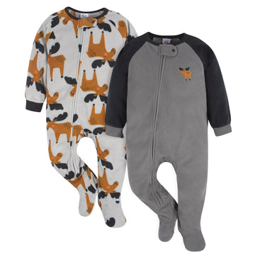 Gerber Baby Boys' Toddler Loose Fit Flame Resistant Fleece Footed Pajamas 2-Pack, Grey Moose, 18 Months