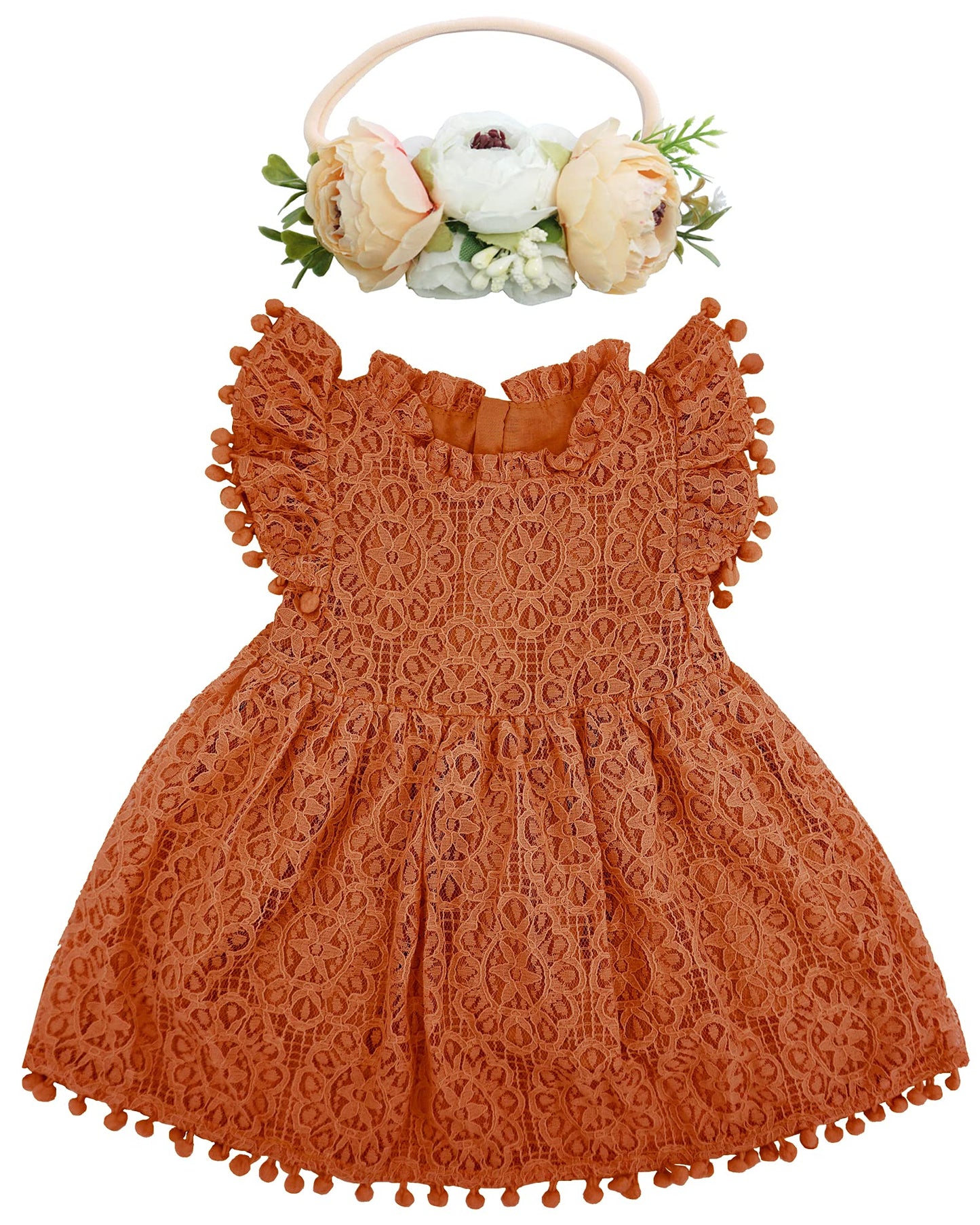 Bgfks Baby Girl Tutu Dress Elegant Lace Pom Pom Flutter Sleeve With Flower Headband Set(Brick Red,6 Months)