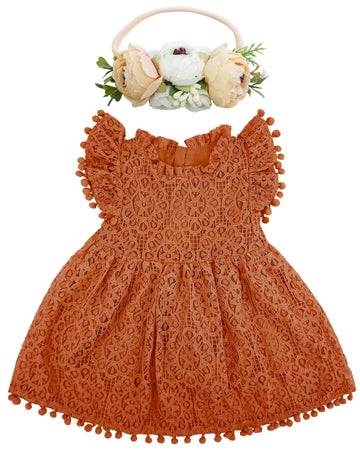 Bgfks Baby Girl Tutu Dress Elegant Lace Pom Pom Flutter Sleeve With Flower Headband Set(Brick Red,2T)