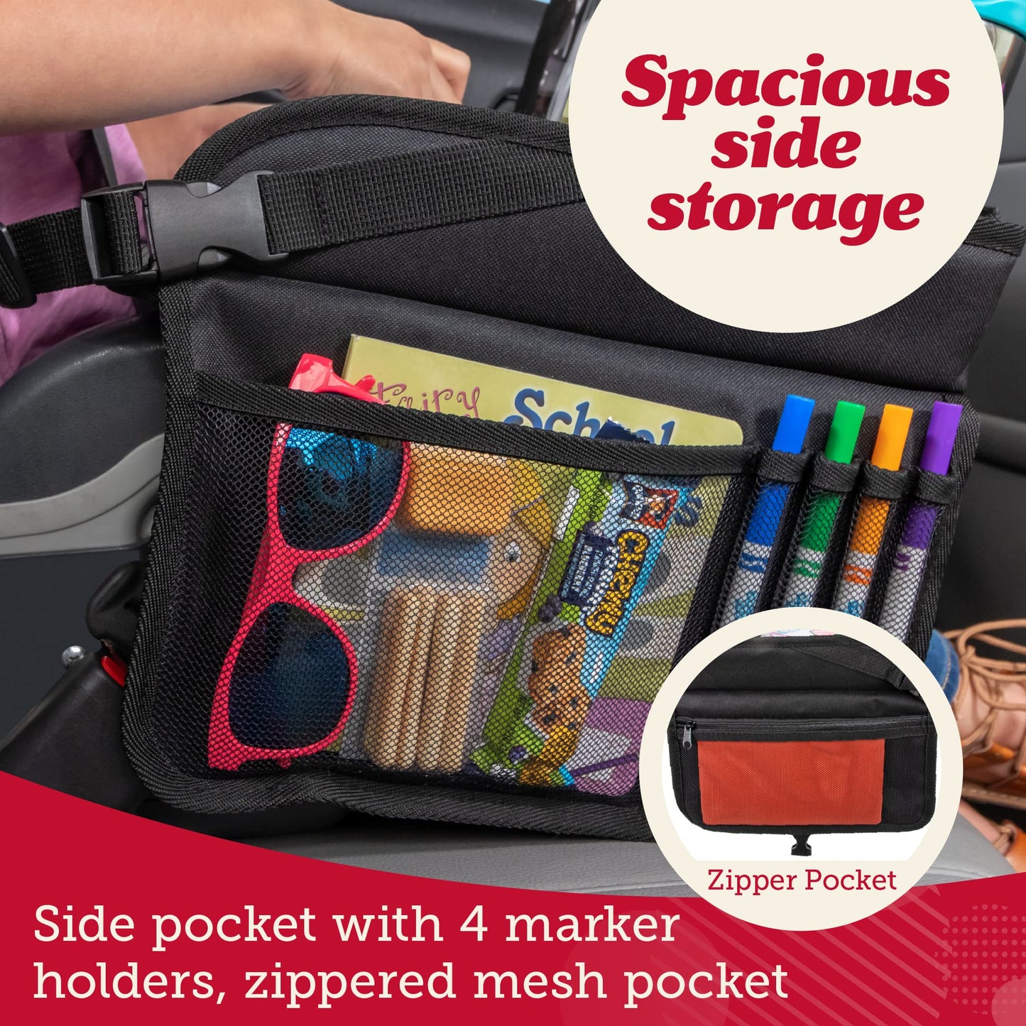 Lusso Gear Car Seat Tray - 1-Pack Black - 600D Oxford Lap Desk Organizer & Tablet Stand with Dry-Erase Surface, Snack & Cup Hold