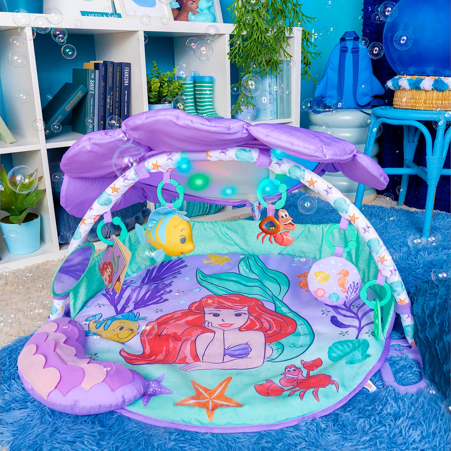 Bright Starts Disney Baby The Little Mermaid Twinkle Trove Light-Up Musical Baby Activity Gym with Tummy Time Pillow, Newborn+