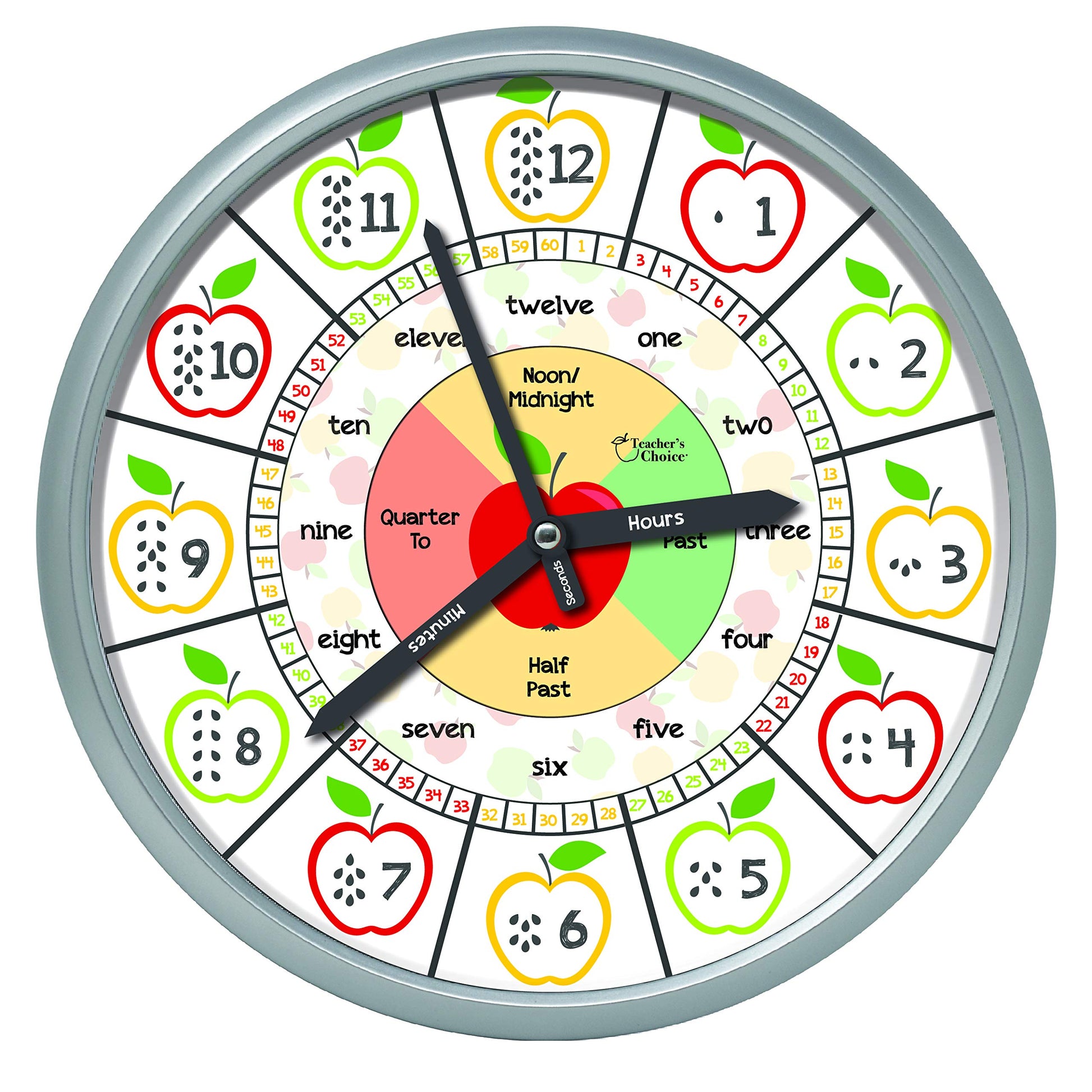 Educational Wall Clock - Silent Movement Time Teaching Clock for Teachers Classrooms and Kids Bedrooms (Silver/Multicolor Appl