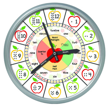 Educational Wall Clock - Silent Movement Time Teaching Clock for Teachers Classrooms and Kids Bedrooms (Silver/Multicolor Appl