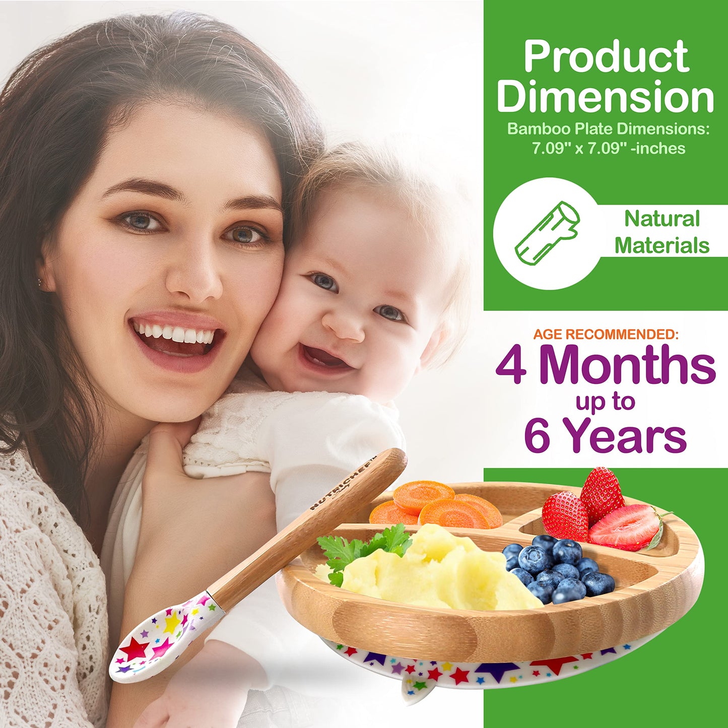 Nutrichef Round Bamboo Baby Plate, Star Plate