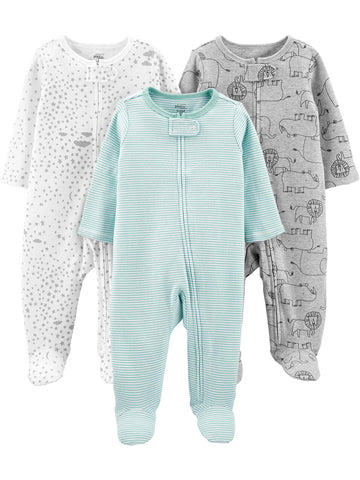 Simple Joys By Carter'S Baby 3-Pack Neutral Sleep And Play, Green Stripe/Grey Lion/White Stars, 0-3 Months