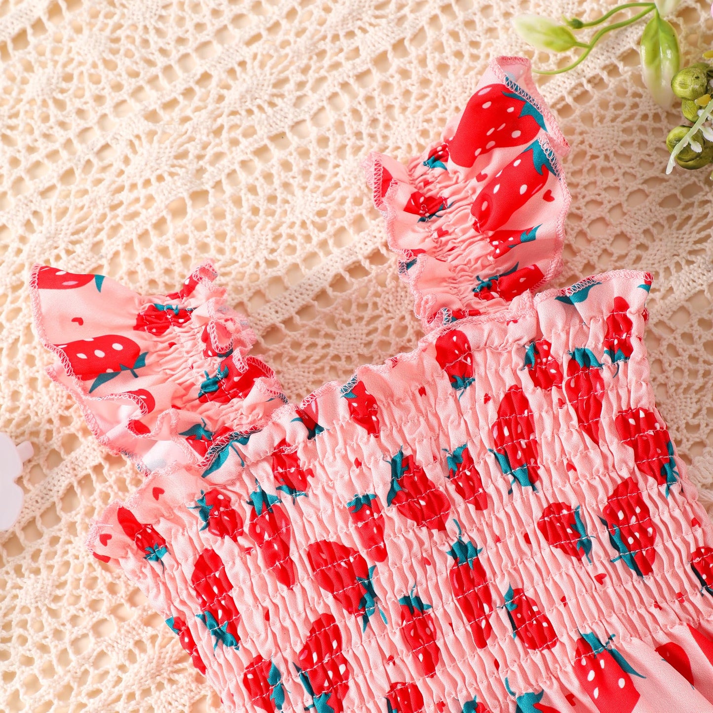 Retsugo Baby Girl Strawberry Dress Ruffle Sleeve Twirly Tiered Smocked Sundress Toddler Kids Pink Shirred Dresses 6-7 Years